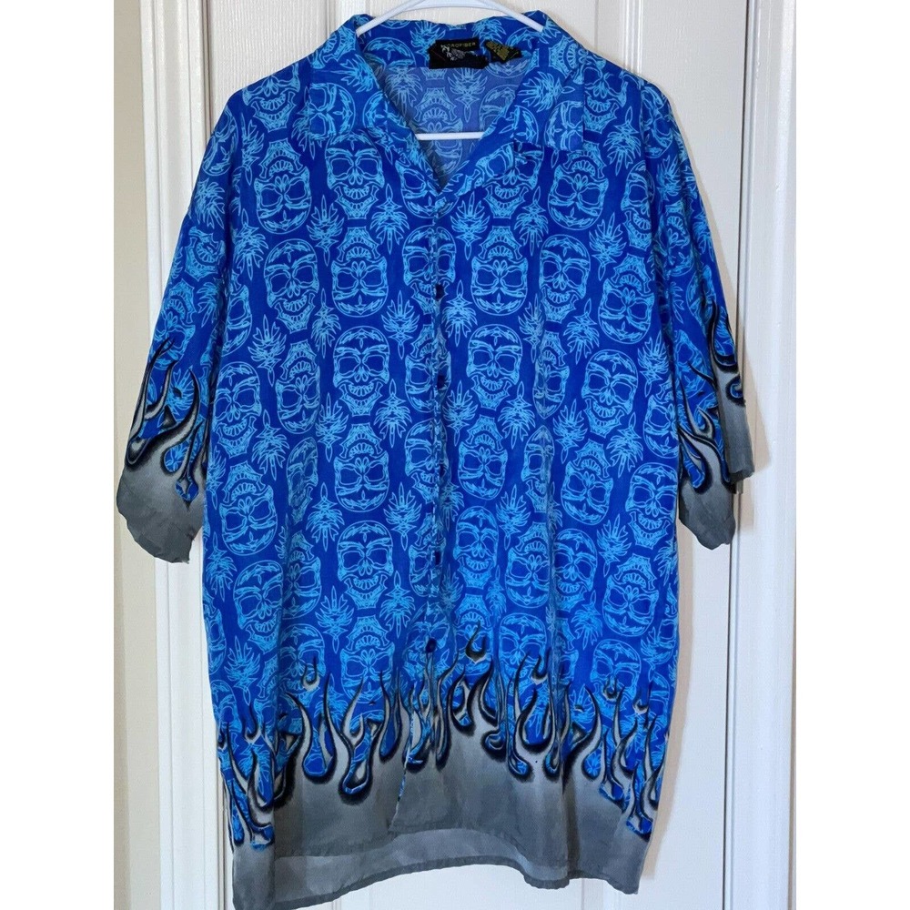 Men’s NO CONTEST Microfiber Skulls And Flames Button Up Blue‎ Shirt L (16-16.5)